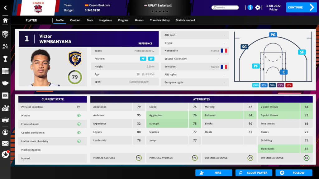 Imagen de Steam. International Basketball Manager 23, atributos de un jugador