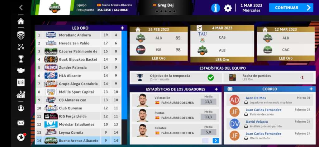 Imagen de la versión Android de International Basketball Manager 23. Albacete