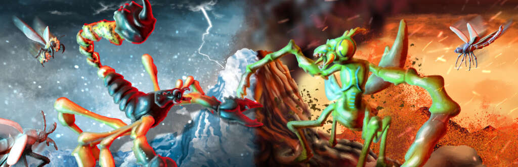 Ilustración promocional de Insectum donde dos bichos se enfrentan conmontañas de fondo.