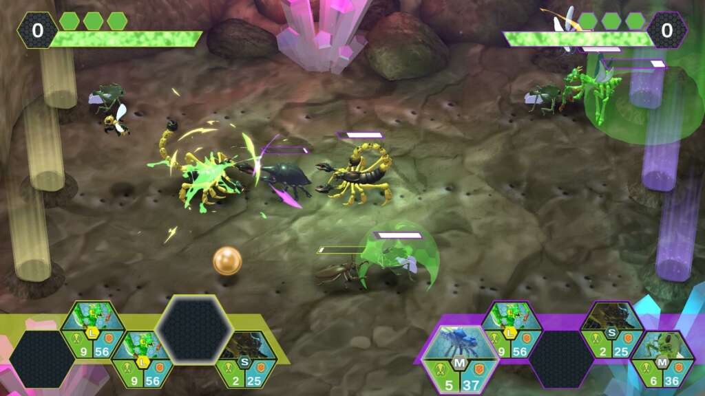 Captura de pantalla de Insectum donde se ven varios bichos enfrentándose en una partida en un escenario subterráneo.