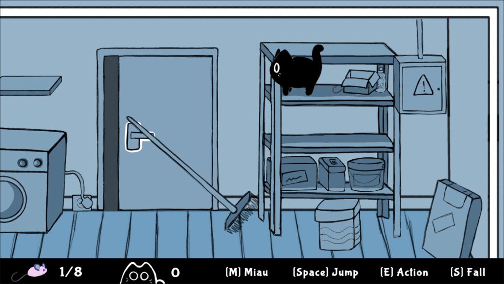 Captura del videojuego Boira. Se ve el cuarto de la colada, está dibujado a mano en tonos azules. De izquierda a derecha: una lavadora, una puerta atrancada con un palo de escoba, una estantería con productos de limpieza, Boira está subida en la más alto, y una caja de cuadro eléctrico.