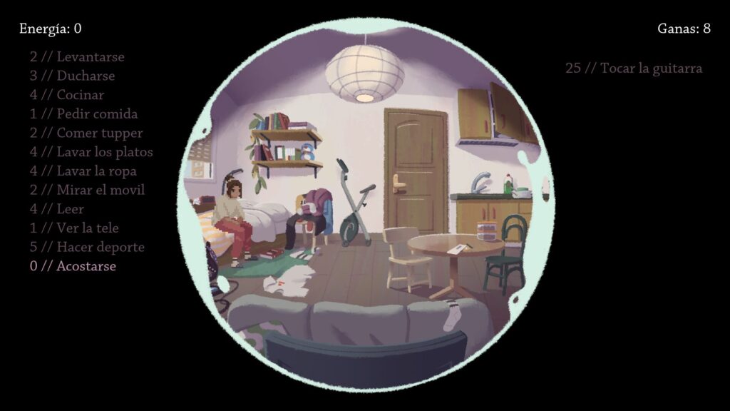 Captura de Vendrán las aves. Se ve la habitación de la protagonista, está toda desordenada y sucia, con ropa tirada por el suelo y una pila de platos sucios. La protagonista está sentada en el borde de la cama, mirando al vacío. El medidos de Energía marca cero y solo permite volver a acostarse.