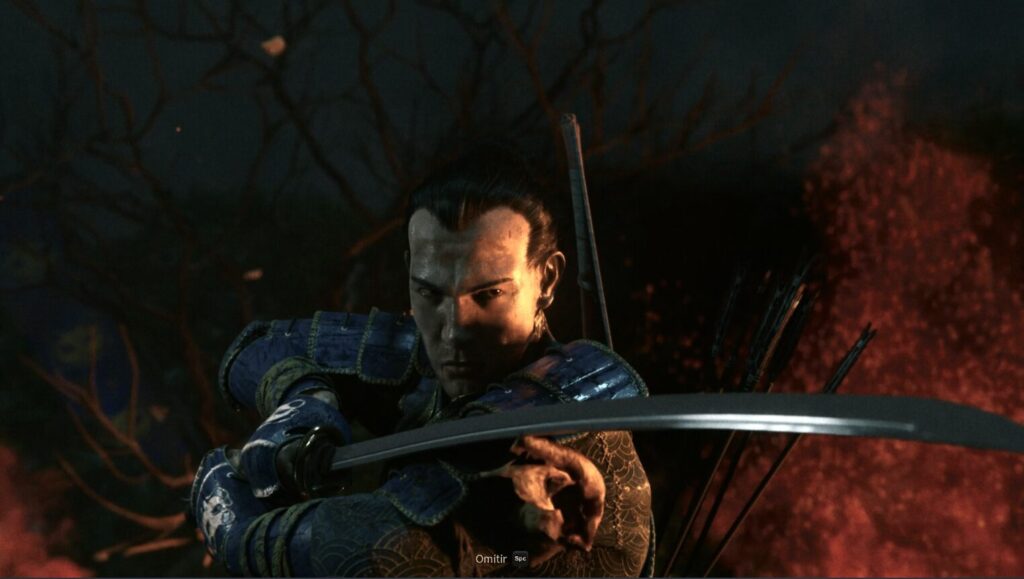 Captura de The Spirit of the Samurai. Takeshi empuña su katana mirando hacia su oponente. Es de noche y la cara de Takeshi está iluminada por las llamas. 