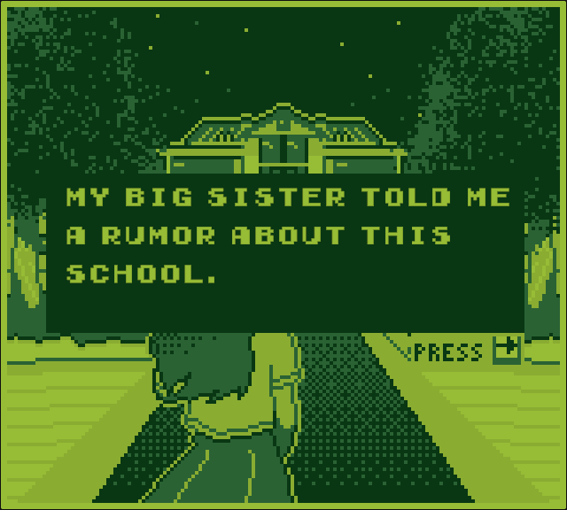 Captura de pantalla de Love letter, se ve una escena fija donde una chica mira a la escuela, una gran ventana con texto ocupa casi todo el centro de la pantalla y dice "my bug sister told me a rumor about this school."