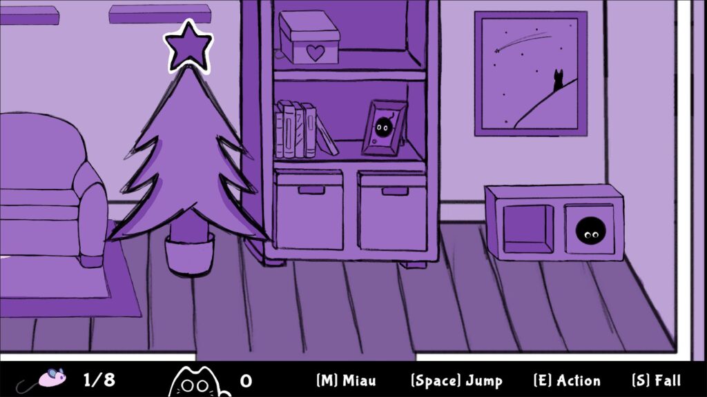 Captura del videojuego Boira. Se ve un salón con árbol de navidad, el escenario está dibujado a mano, en colores morados. de izquierda a derecha: un sofá, un árbol de navidad, una estantería con cajas y libros, un cuadro y, debajo de éste, un mueble con un hueco de donde se ven dos ojos. Boira parece estar metida ahí dentro.