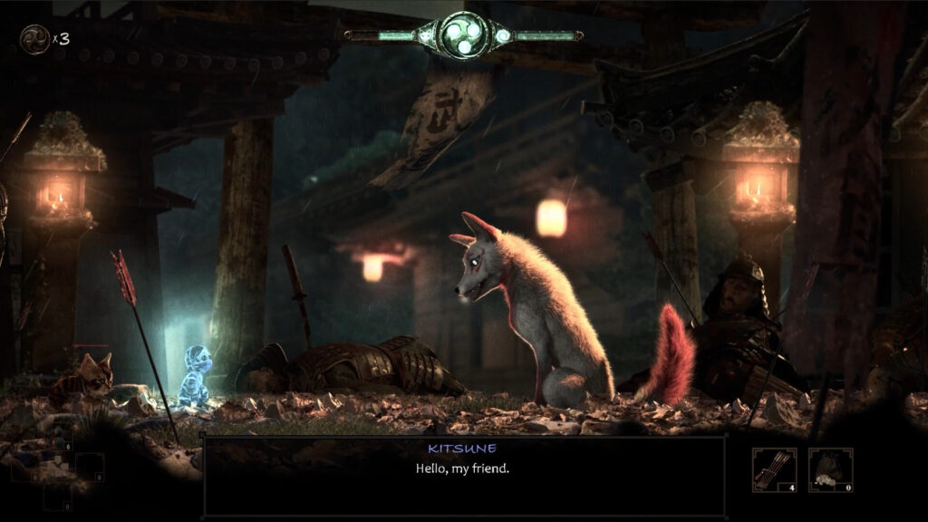 Captura de The Spirit of the Samurai. Kitsune, el espíritu con forma de zorro, habla con el Kodama, el espíritu del bosque. Kitsume dice "Hello, my friend".