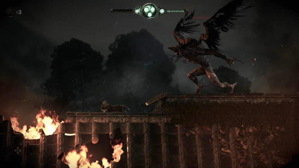 Captura de The Spirit of the Samurai. Chisai el gato huye de un demonio alado por los tejados en llamas del poblado.