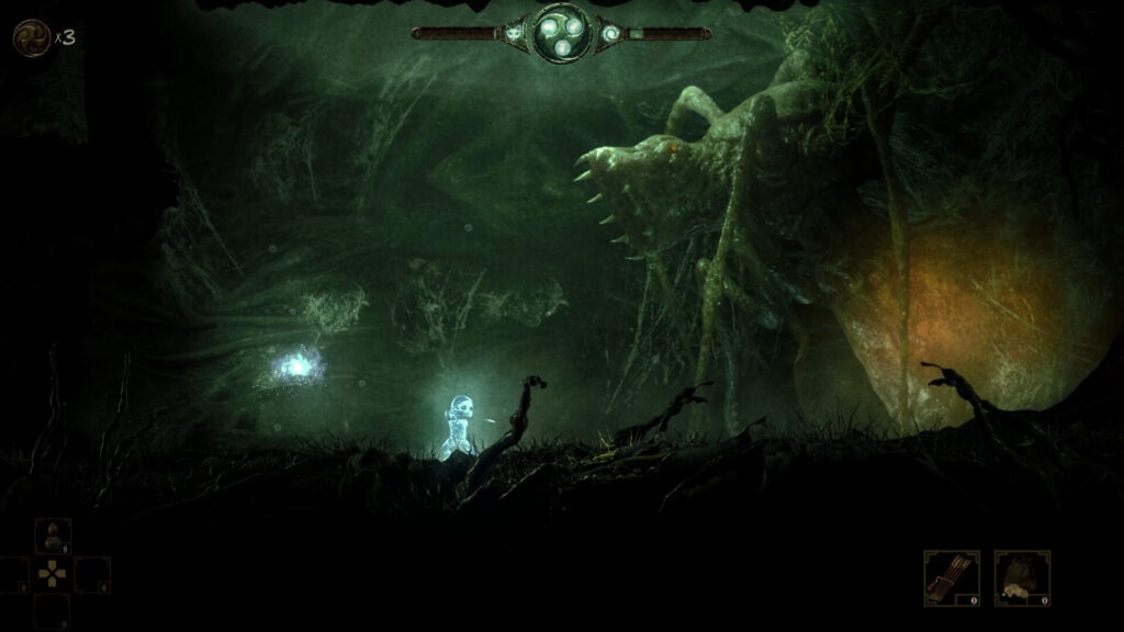 Captura de The Spirit of the Samurai. El Kodama empuña una espada y está dentro de una cueva, posiblemente un nido de insectos. A su derecha se ve una reina insecto con el vientre lleno de huevos.