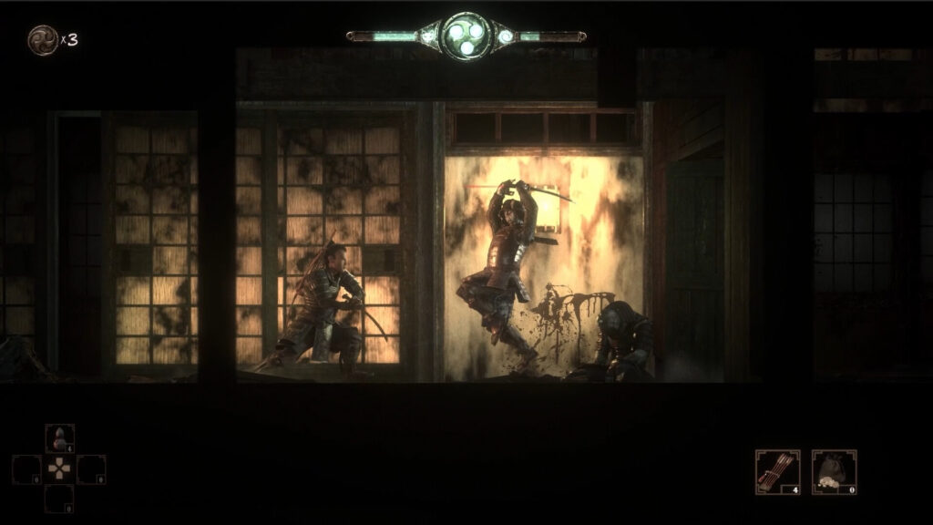 Captura de The Spirit of the Samurai. Takeshi se bate en duelo contra un samurai no muerto, el no muerto está atacando y Takeshi se defiende. El duelo sucede dentro de una casa.