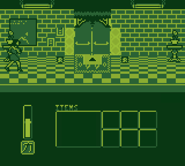 Captura de Love letter. Es una captura del juego, la protagonista está dentro de la escuela, en el hall principal, ella está a la izquierda, en el centro hay una puerta cerrada.
