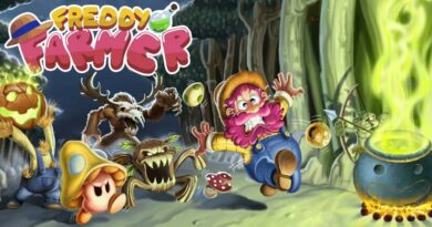 Portada de Freddy Farmer. Es una ilustración dibujada a mano en la que se ve al granjero Freddy huyendo de varios enemigos, se le caen varios ingredientes de los bolsillos, a la derecha está el caldero para hacer pociones.