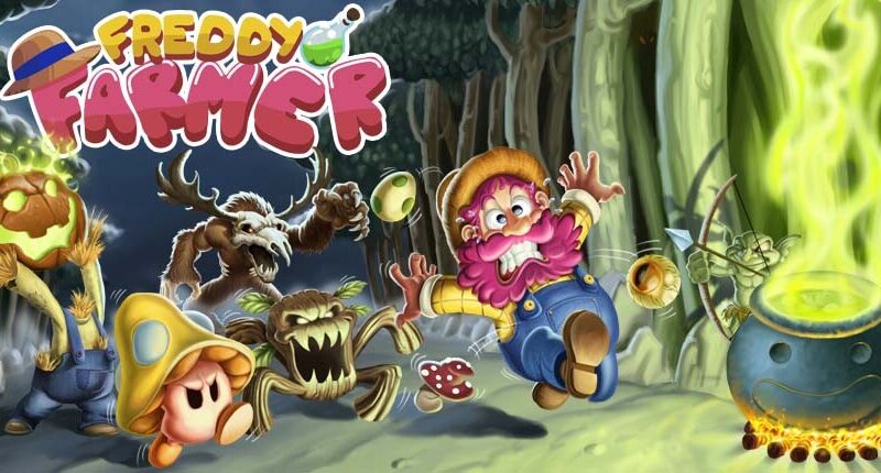 Portada de Freddy Farmer. Es una ilustración dibujada a mano en la que se ve al granjero Freddy huyendo de varios enemigos, se le caen varios ingredientes de los bolsillos, a la derecha está el caldero para hacer pociones.