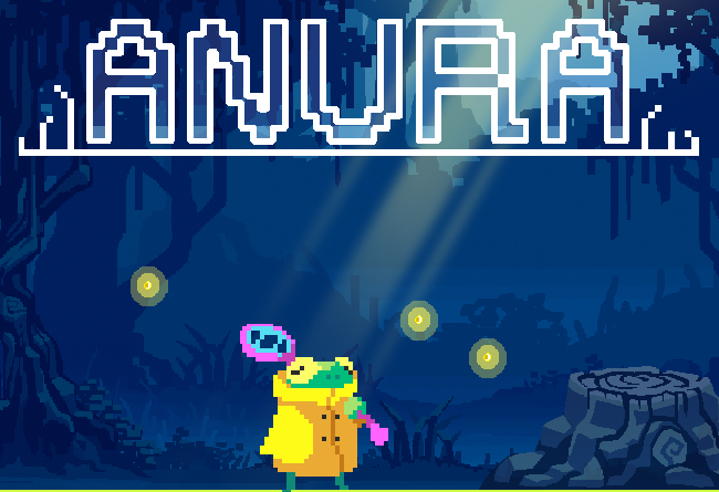 Banner de Anura, se ve el título, la rana en primer plano y el bosque de fondo. La rana esta vesstida con un poncho amarillo y lleva una red para atrapar burbujas.