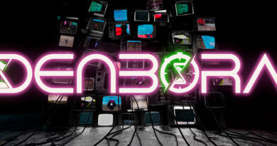 Banner de Denbora, el título en neones se superpone con una montaña de monitores amontonados y cables conectados a ellos. En cada monito se reproducen imágenes diferentes