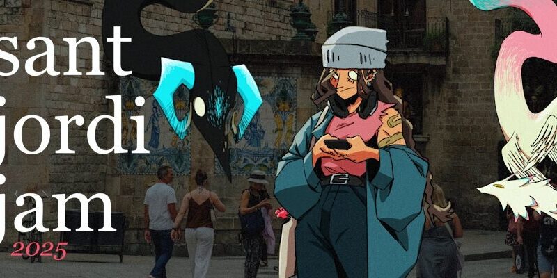 Portada de la Sant Jordi Jam 2025. En ella una persona mirando el móvil mientras dos dragones le observan