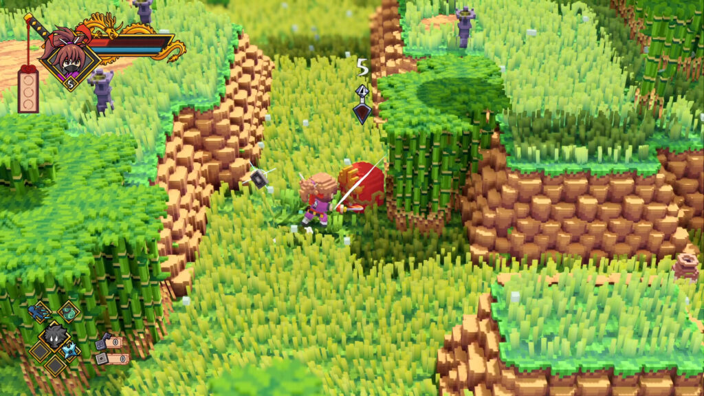 Captura de Katana Dragon. Uno de los protagonistas corre por uno de los mapas. Se ve sendero verde, está en un prado