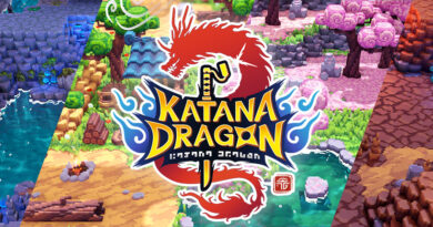 Banner de Katana Dragon, Se ve el logotipo del juego y detrás una composición de los distintos niveles del juego (cueva marrón, cueva gris, prado y bosque de cerezos rosas)