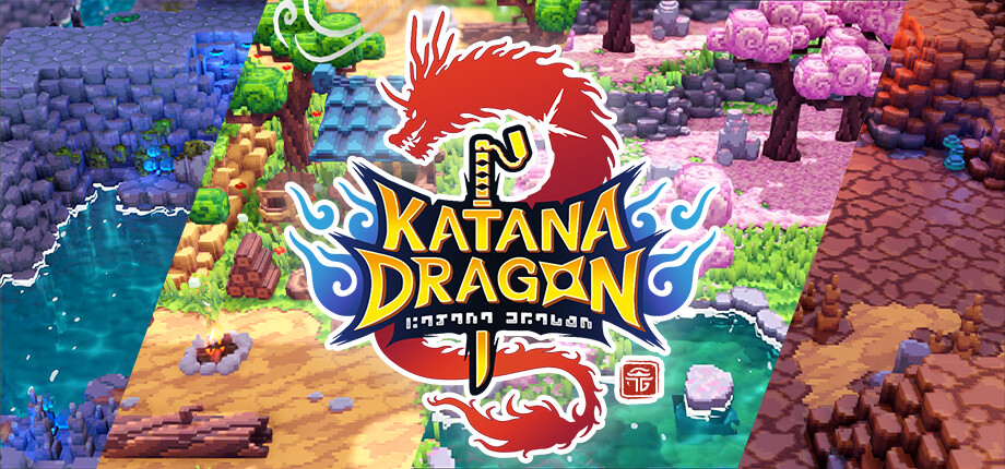 Banner de Katana Dragon, Se ve el logotipo del juego y detrás una composición de los distintos niveles del juego (cueva marrón, cueva gris, prado y bosque de cerezos rosas)