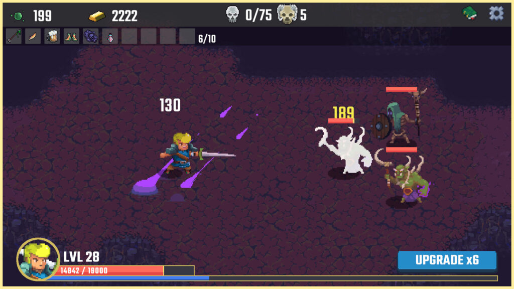 Captura de SideQuest Hunters. Se ve la pantalla de juego normal. El héroe está a la izquierda y los monstruos a la derecha. Hay tres monstruos. El héroe está atacando y uno de los monstruos también. Se ven los números de daño en ambos personajes.