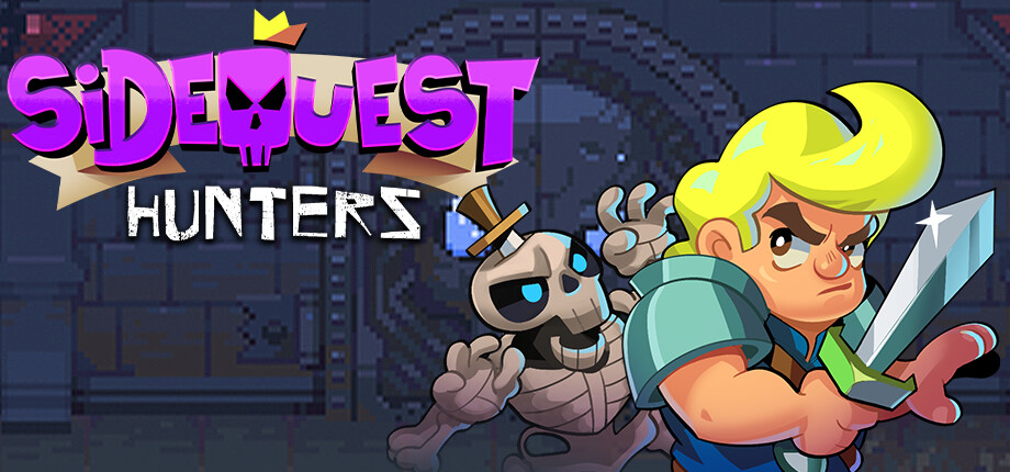 Imagen promocional de SideQuest Hunters, Se ve el logo del juego y a la derecha una ilustración del protagonista con un esqueleto detrás.