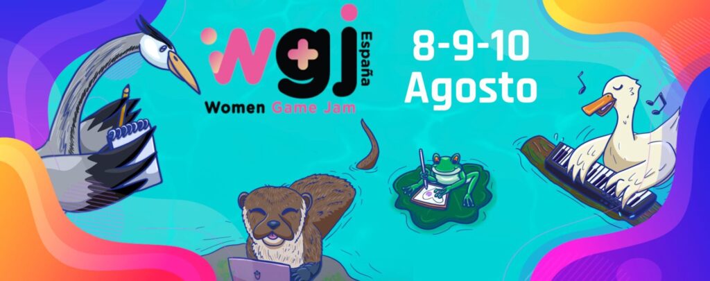 Banner de la Jam con diferentes animales haciendo roles como programación, música y arte. El logo de WGJ España y la fecha, 8, 9 y 10 de Agosto
