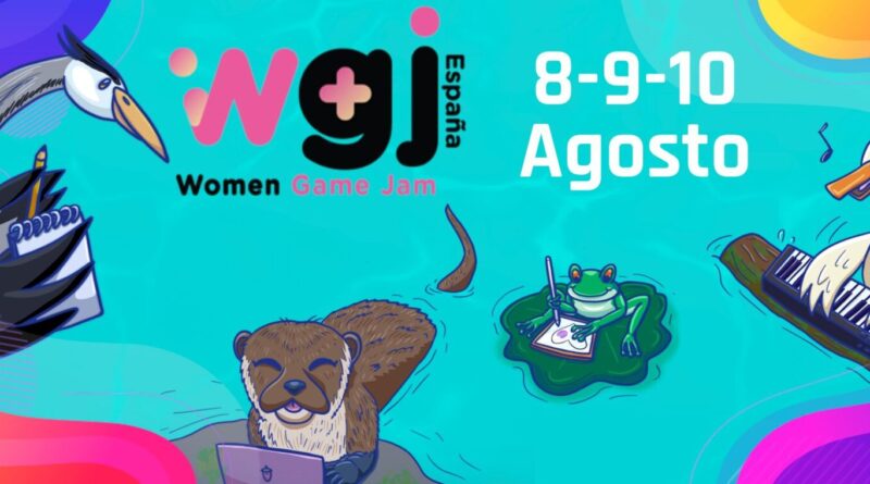 Banner de la Jam con diferentes animales haciendo roles como programación, música y arte. El logo de WGJ España y la fecha, 8, 9 y 10 de Agosto